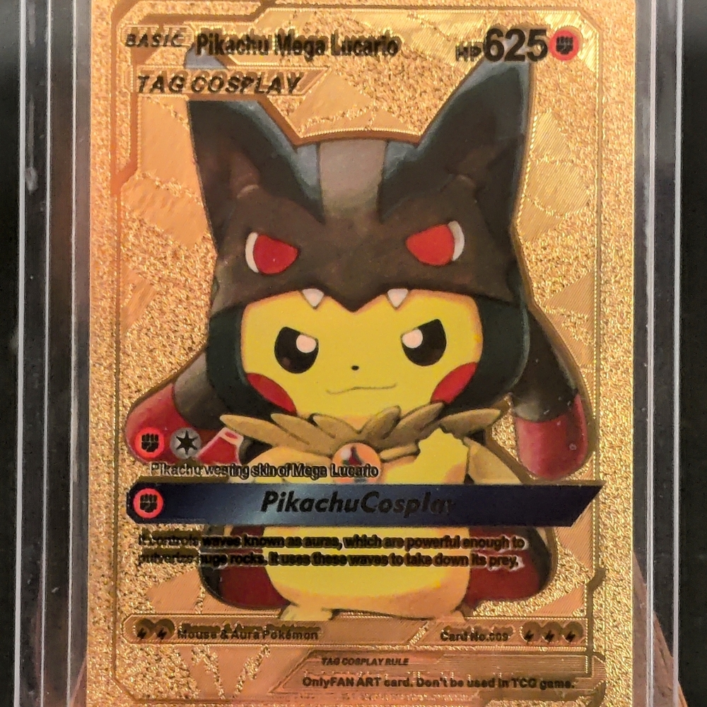 Pikachu Tag Cosplay Mega Lucario Gold Foil FanArt Pokemon Card #009 625hp